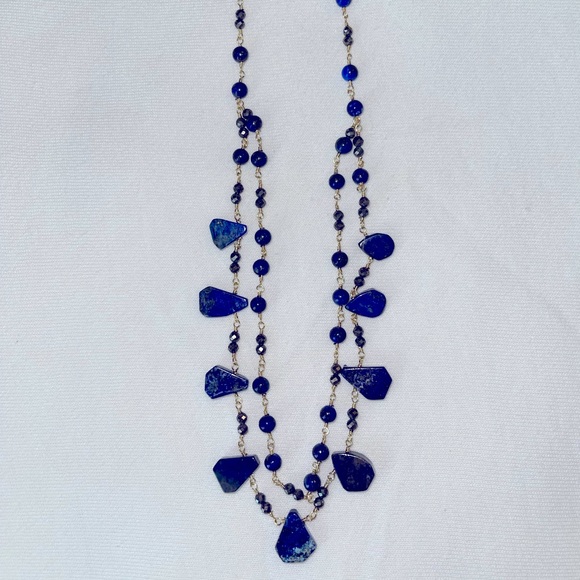 Pretty Goldtone Two-Strand Beaded Necklace with Blue Stones and Beads - Picture 8 of 10